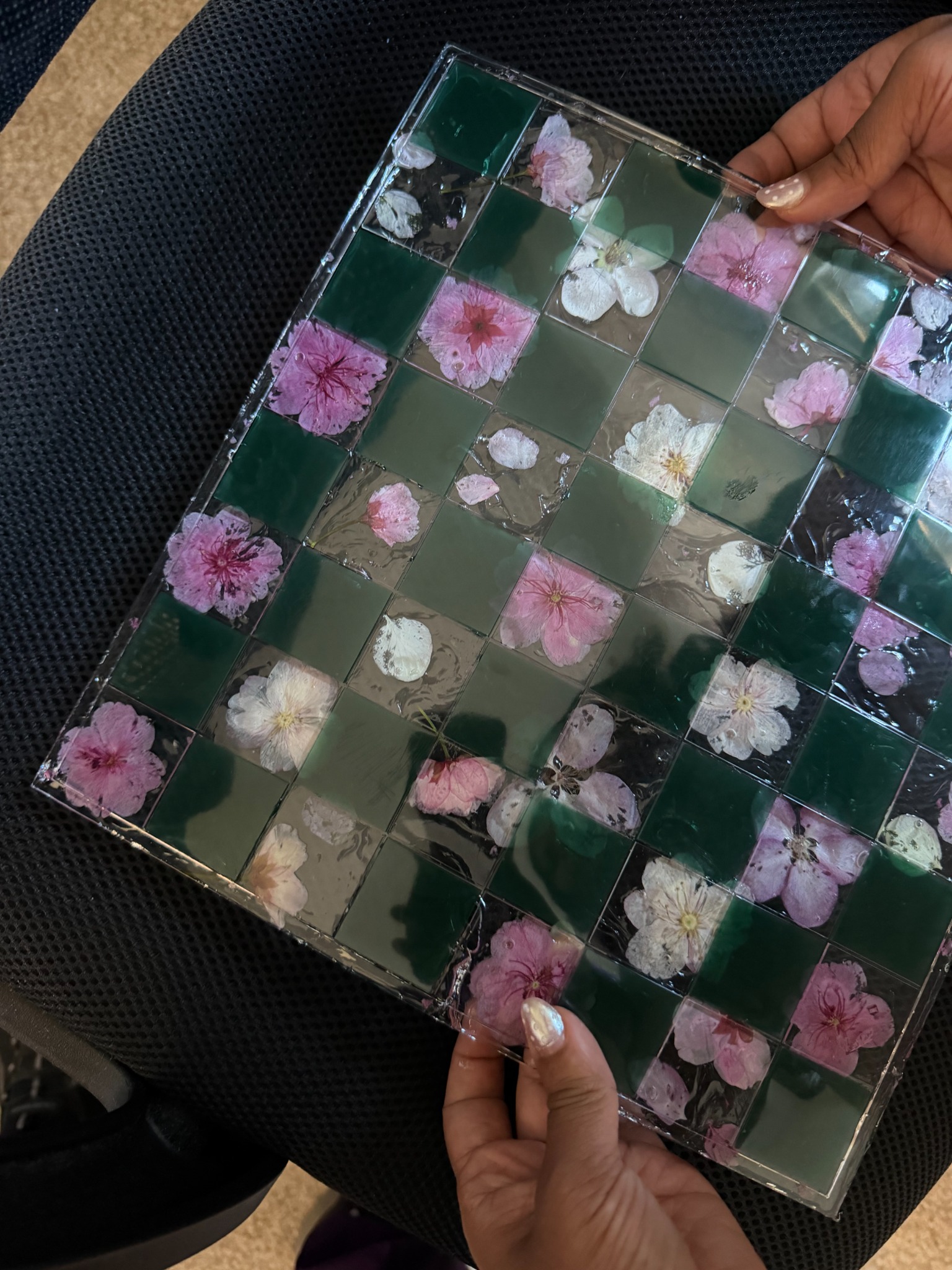Emerald green and pink floral resin chessboard