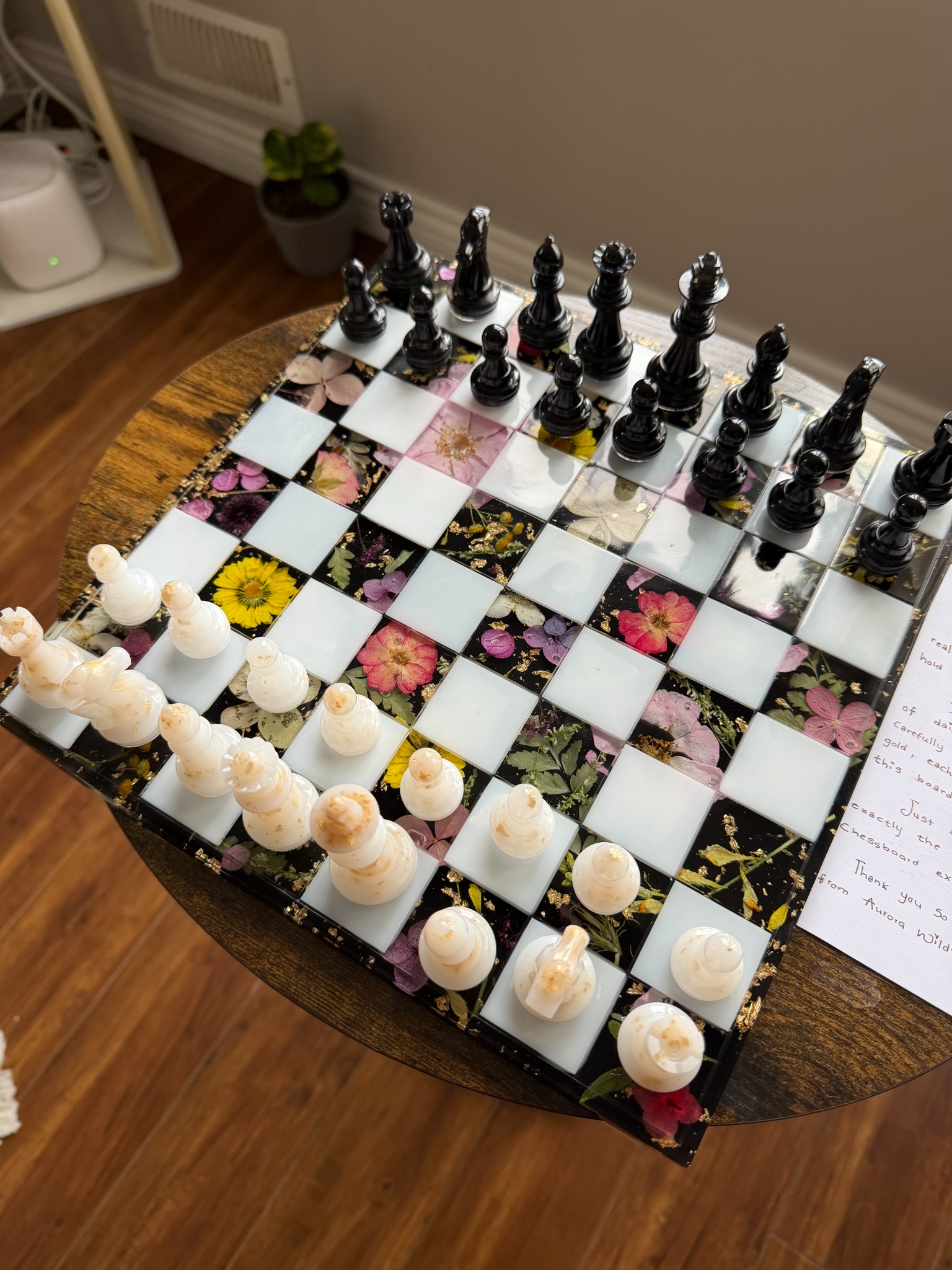 Floral chessboard with chess pieces alternate view