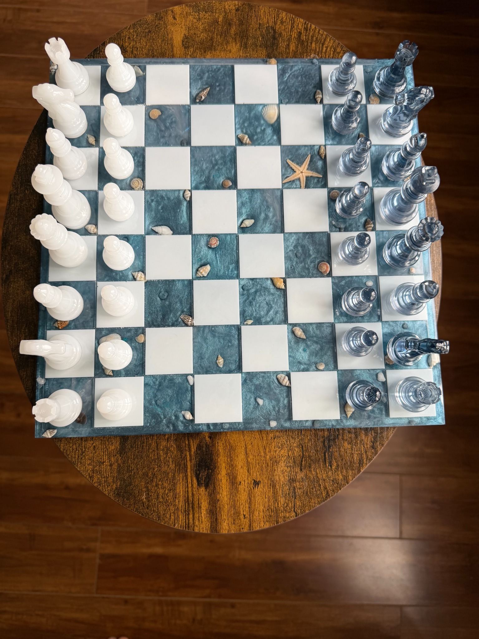 Ocean-themed resin chessboard with seashells