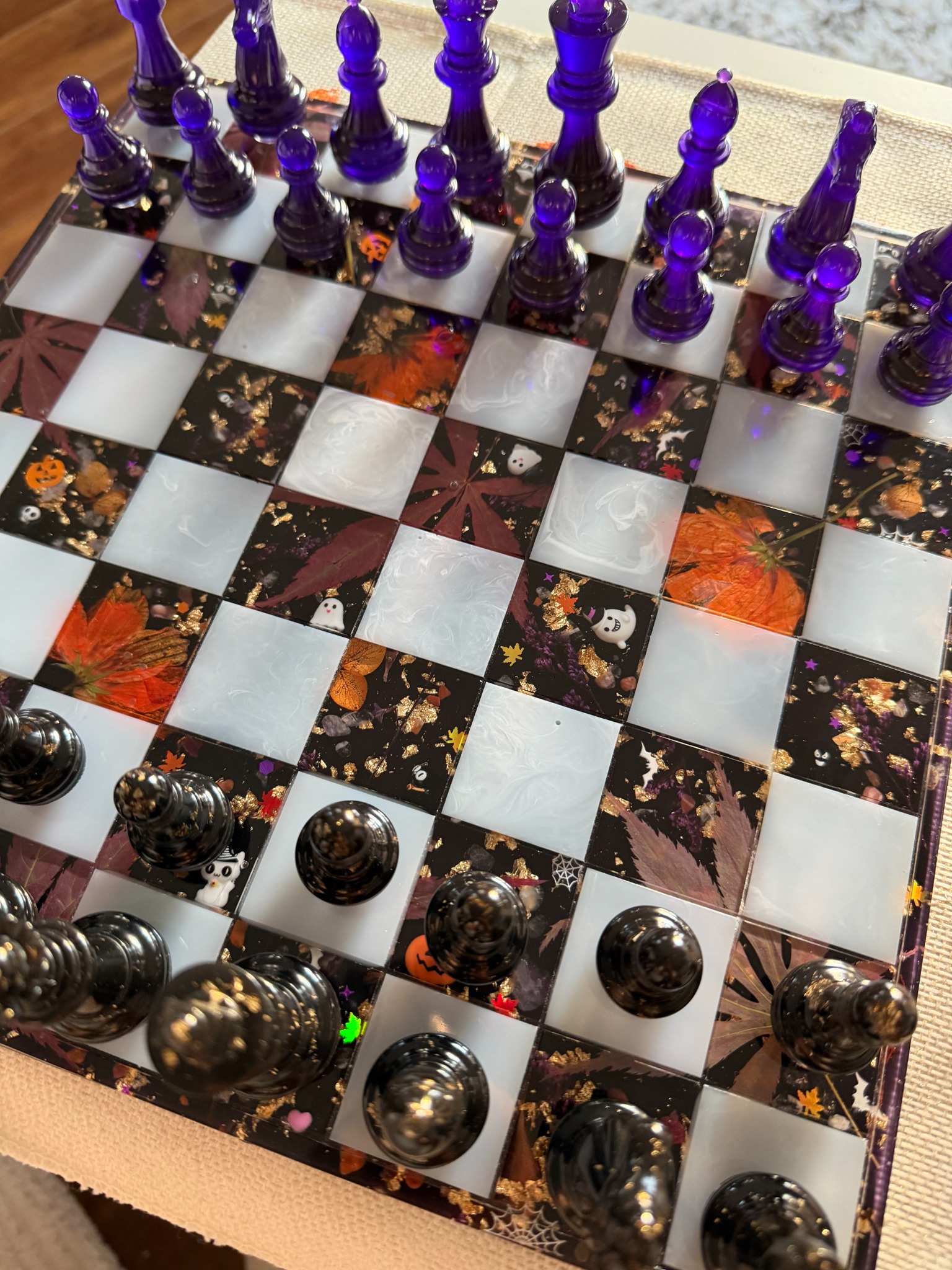 Halloween resin chessboard with purple pieces