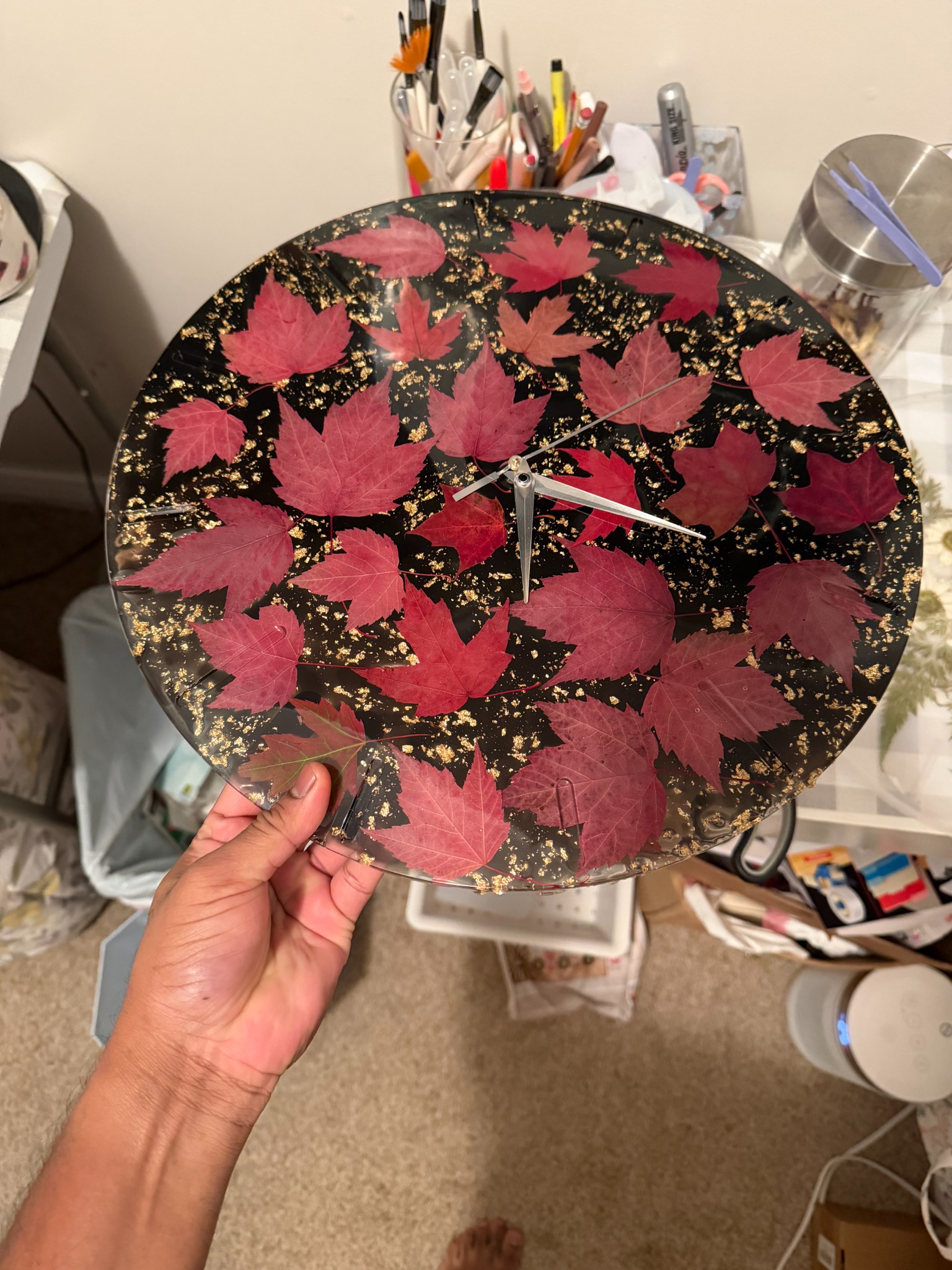 Red maple leaf resin wall clock