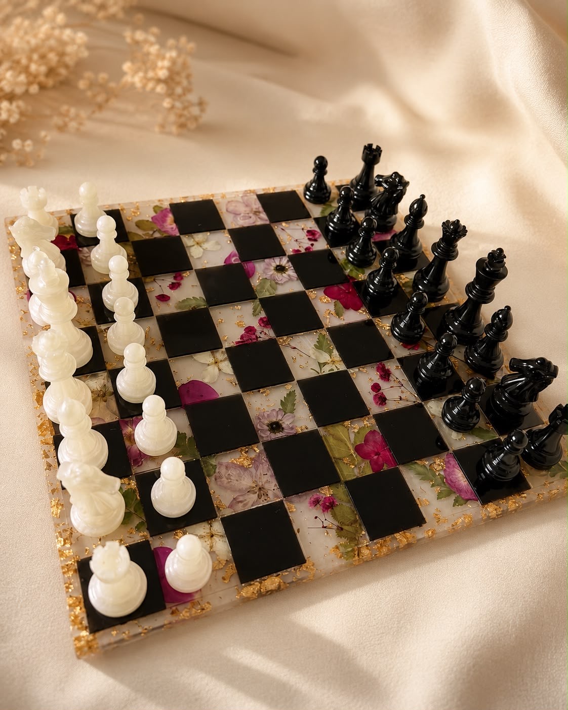 Floral resin chessboard handcrafted by Aurora Wildflowers