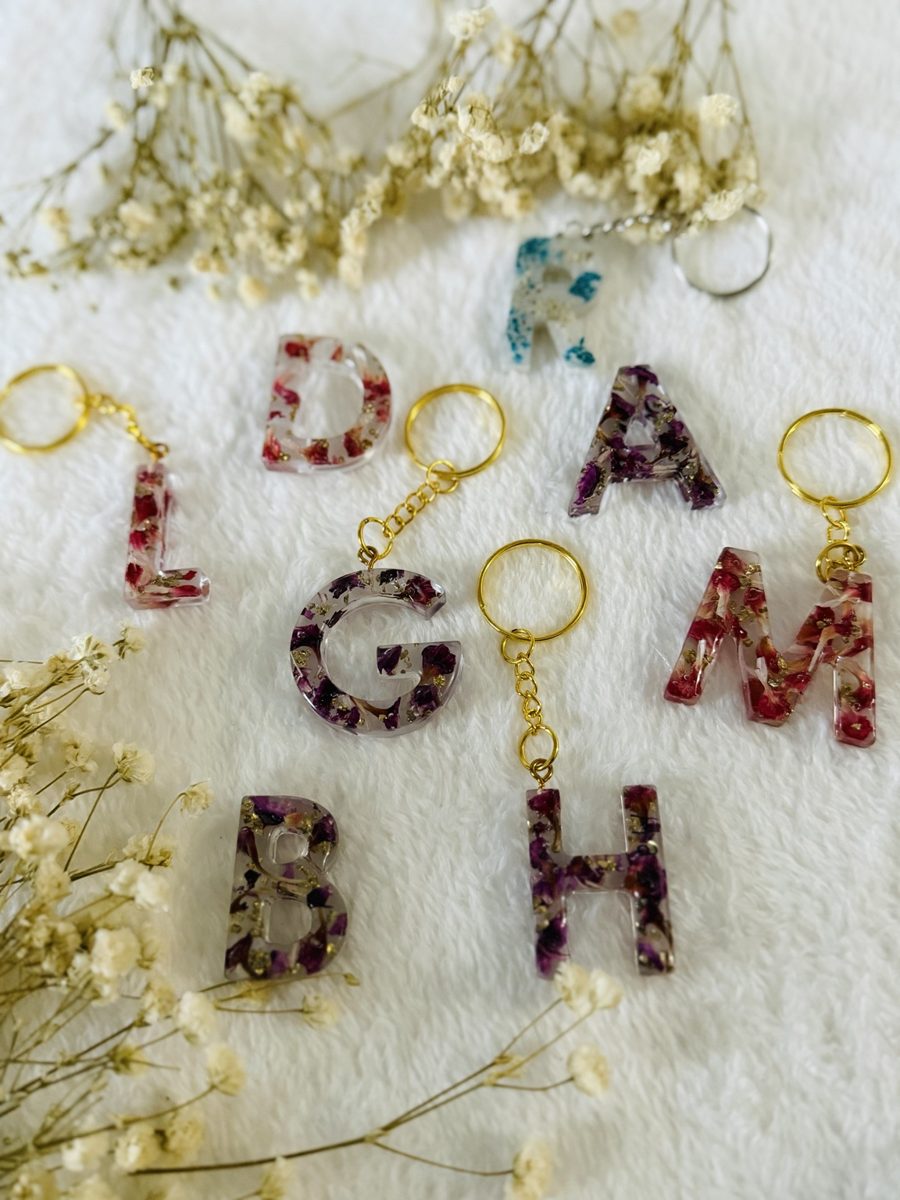 Floral resin initial keychains