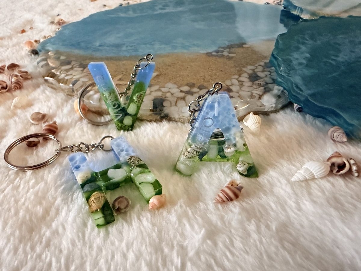 Ocean-inspired resin initial keychains